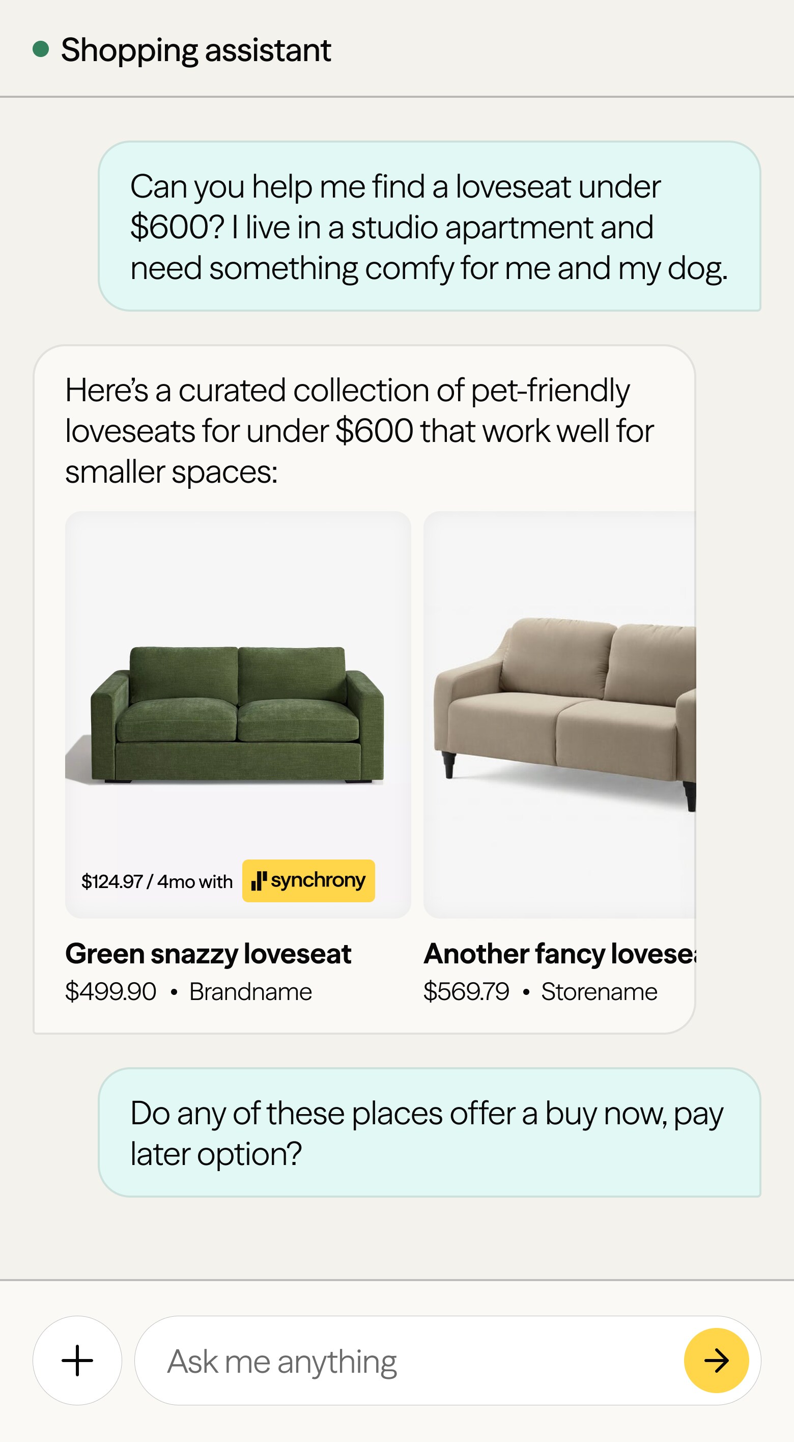 Shopping assistant chat interface showing AI-powered product discovery and purchase flow