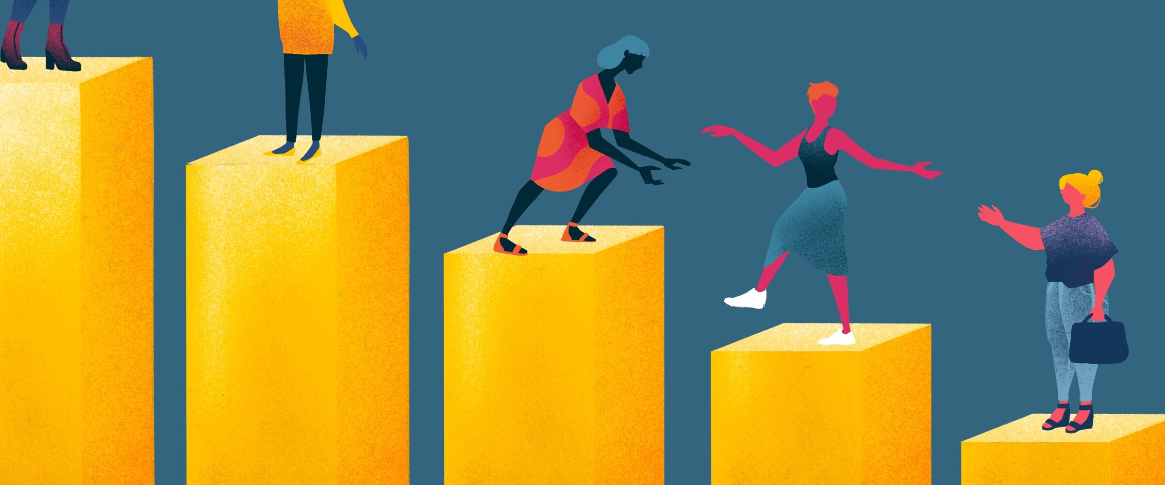 Illustration of women helping each other up higher rungs of a chart.