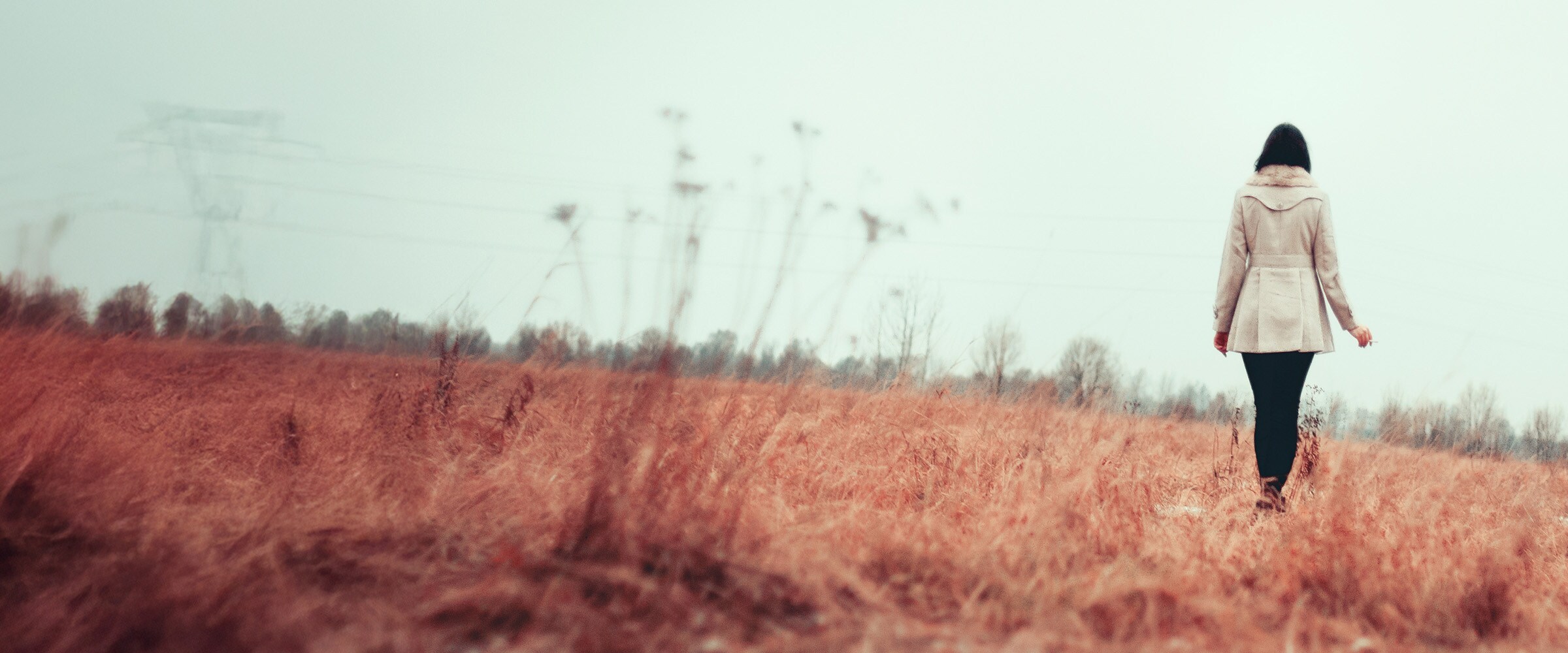 Photo of woman with back to us walking in a field.