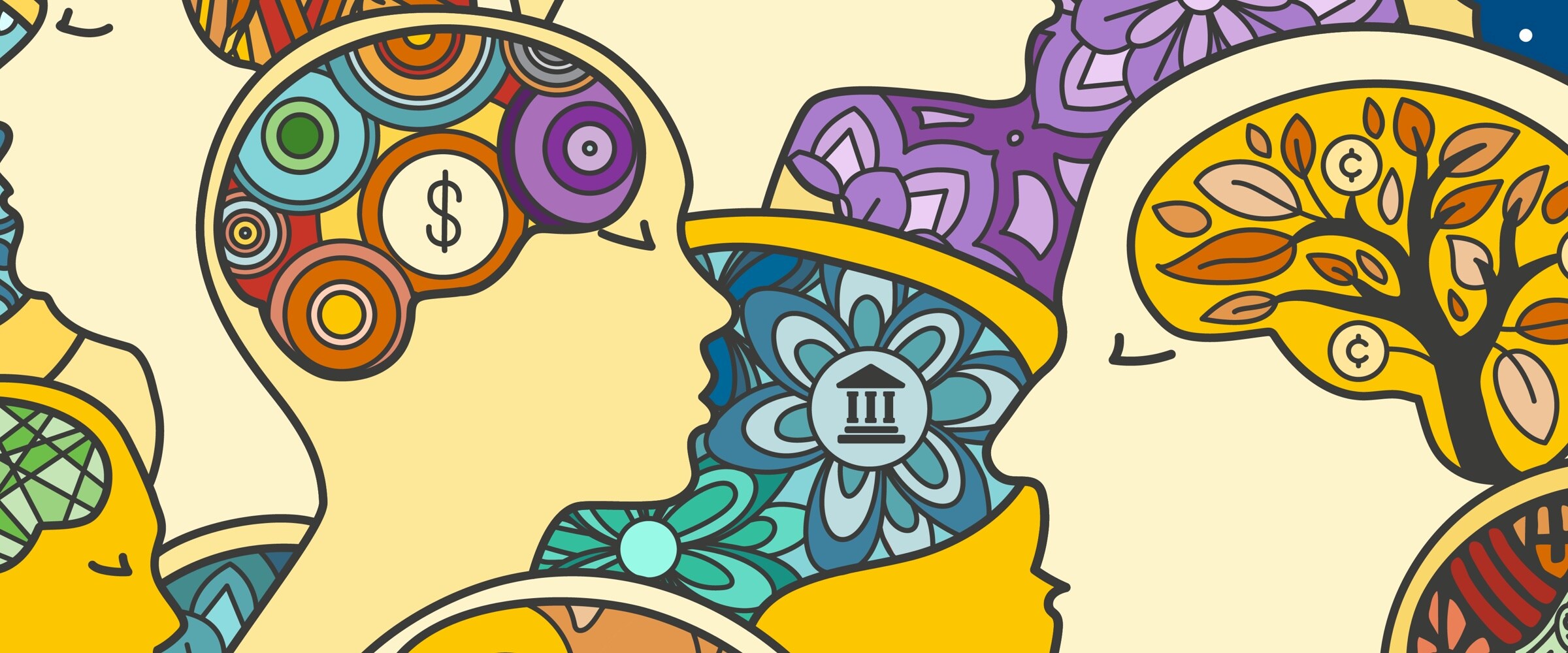 Illustration of profile views of human heads showing colorful neurodiversity symbols.