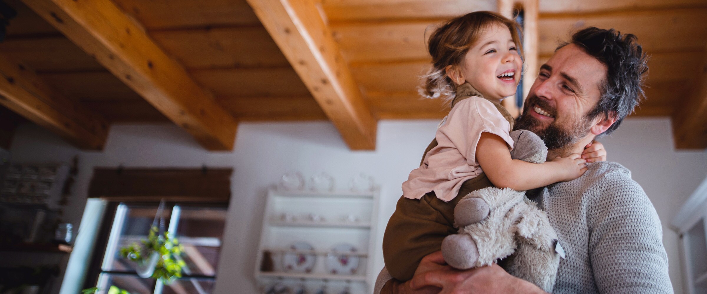 Photo of dad holding toddler and stuffed animal.