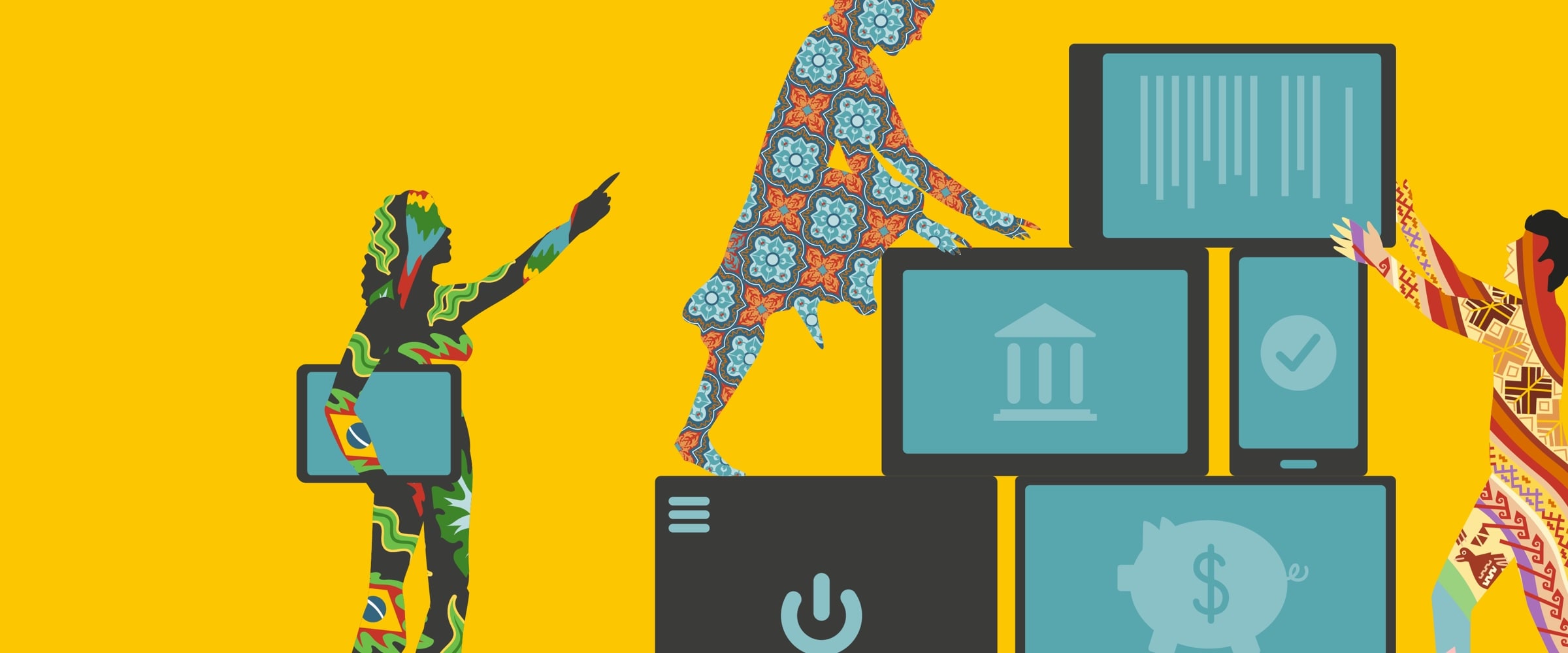 Illustration of people in hispanic heritage designs standing around symbols of money and finance.