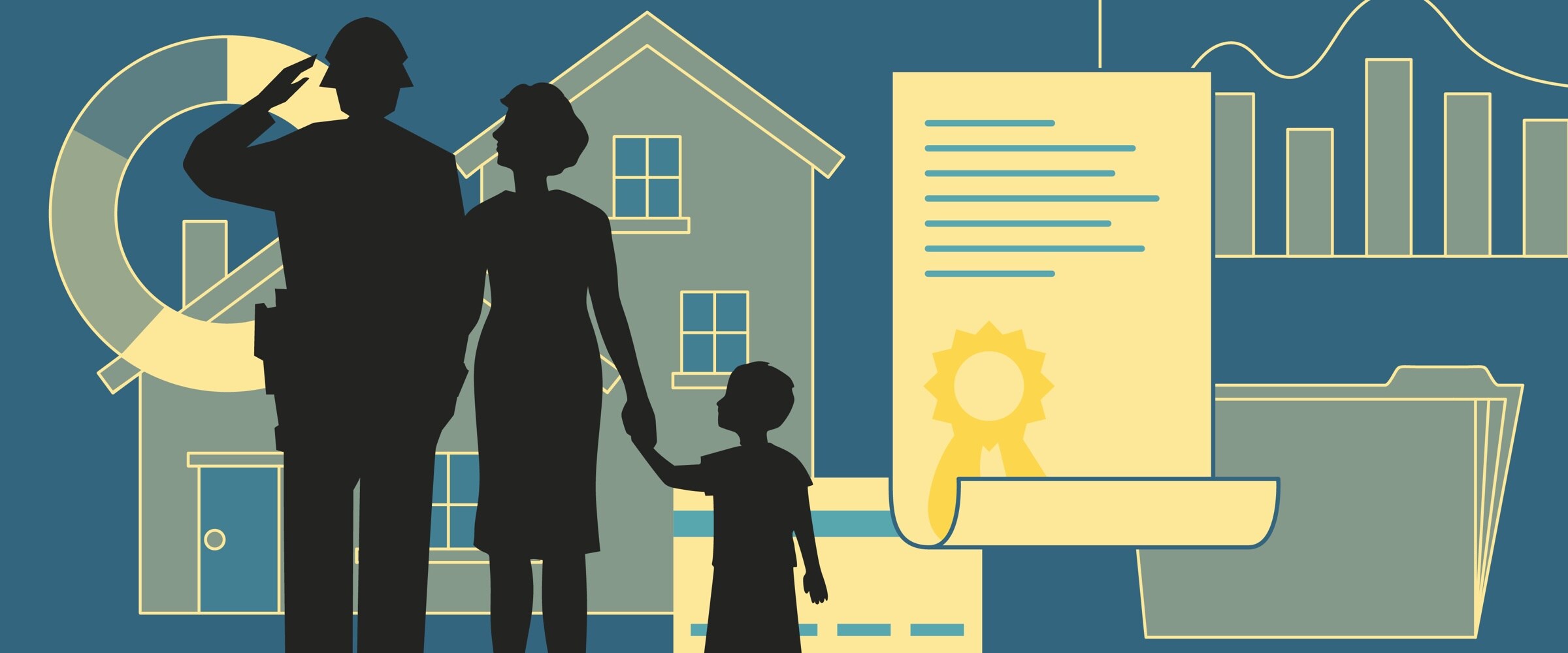 Illustration of a military family in front of a collage of images.