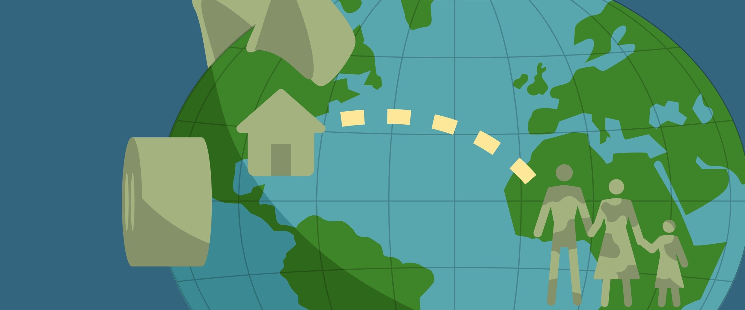 Illustration of military family against the background of a globe that looks like a piggy bank.