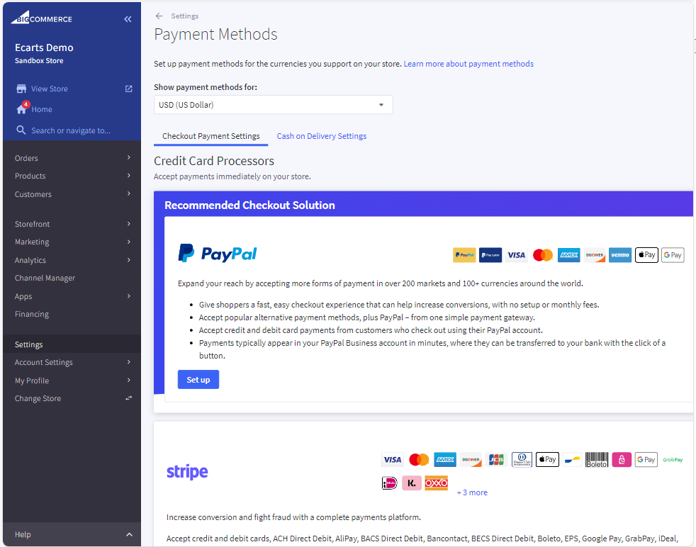 Payment Methods settings