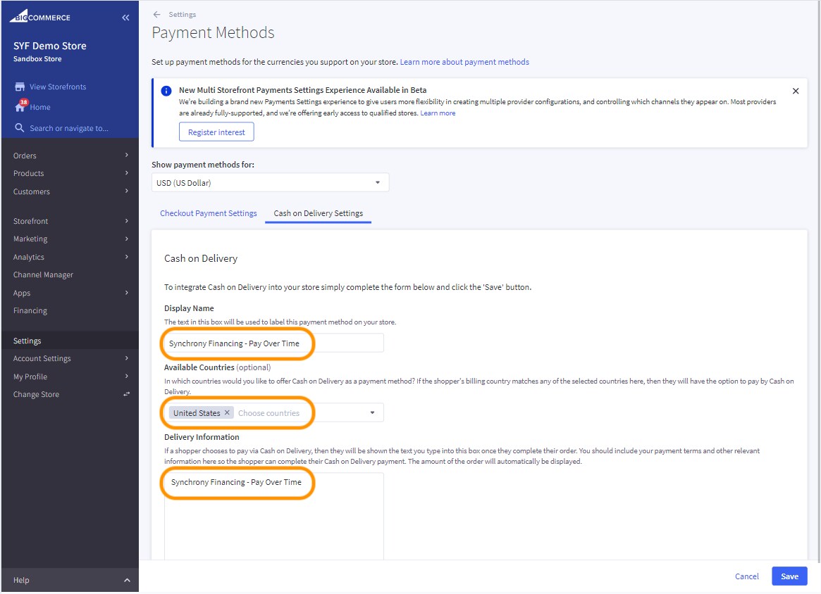 Modifying Cash on Delivery settings