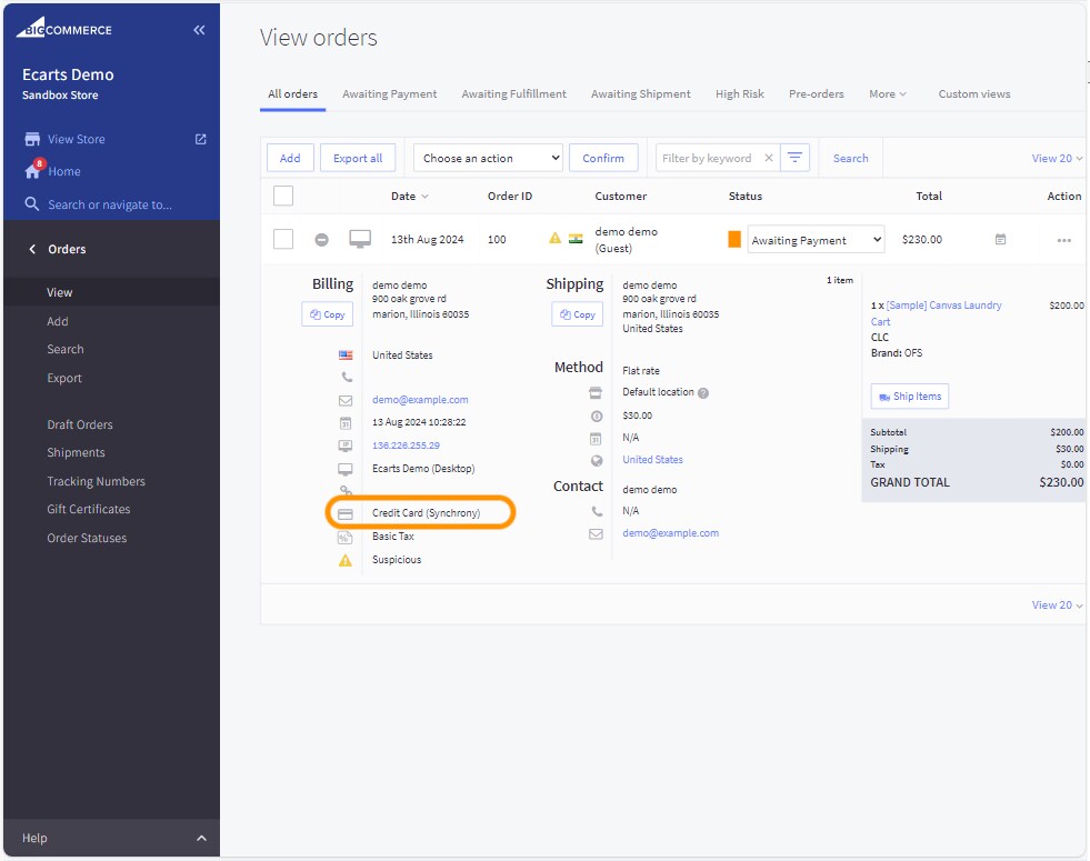 Credit Card (Synchrony) will appear as payment method in orders.