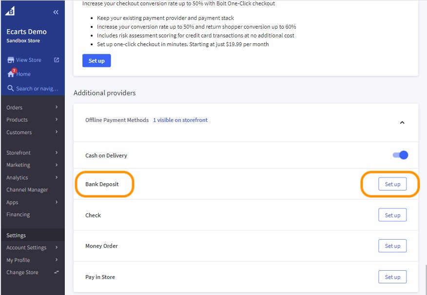 Click on Set up button for Bank Deposit.
