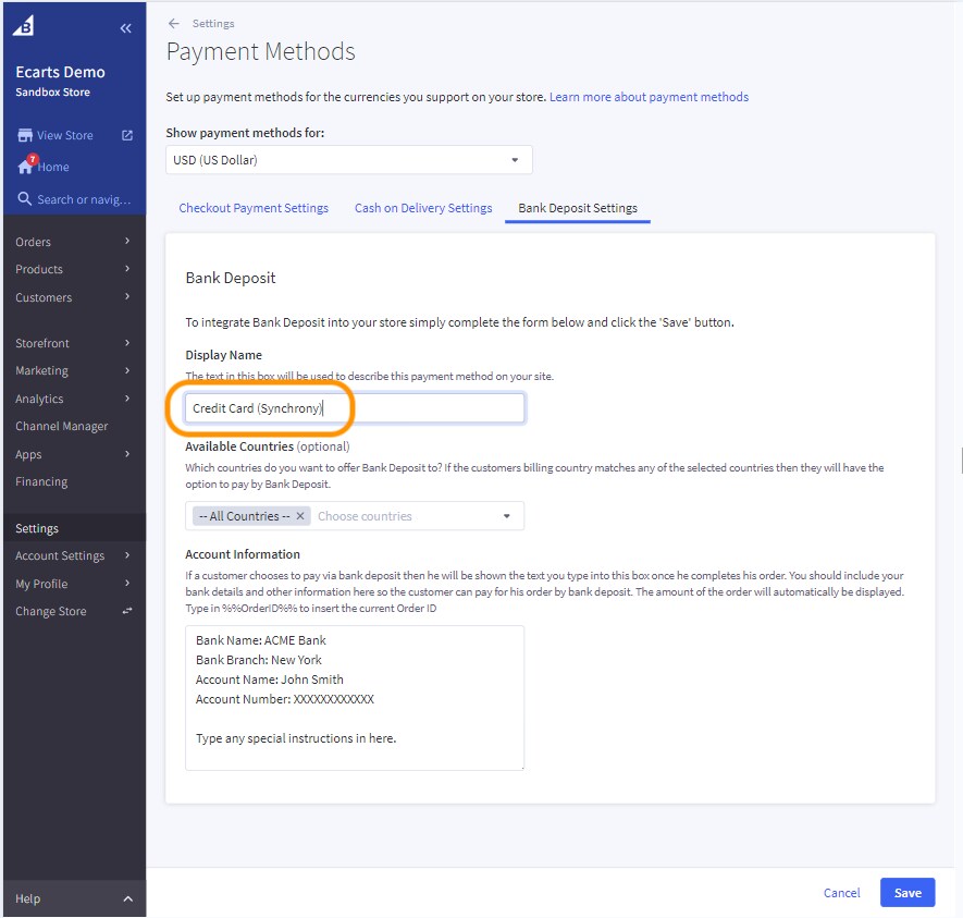 Edit the Display Name with Credit Card (Synchrony). Click on
                                Save button.