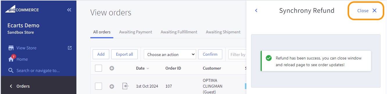 Refund success message is displayed.