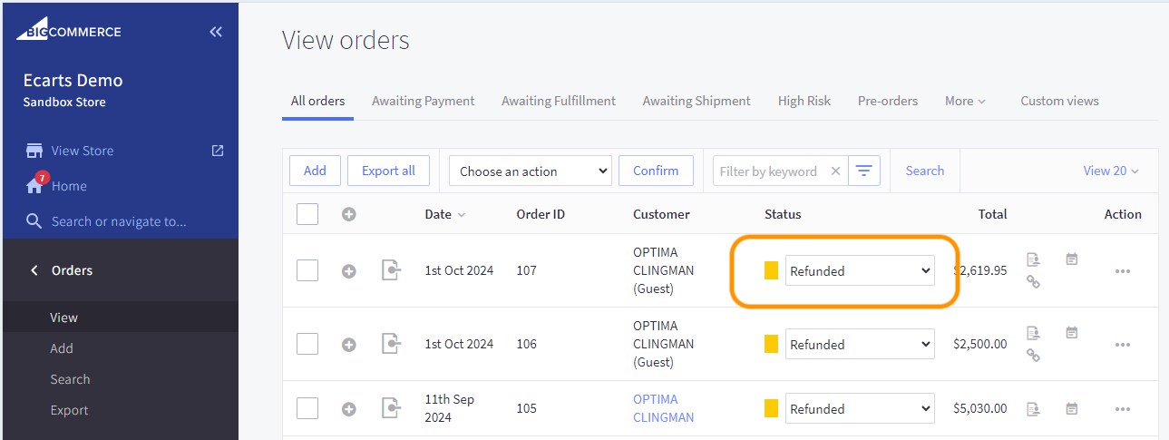 Status will change to Refunded.