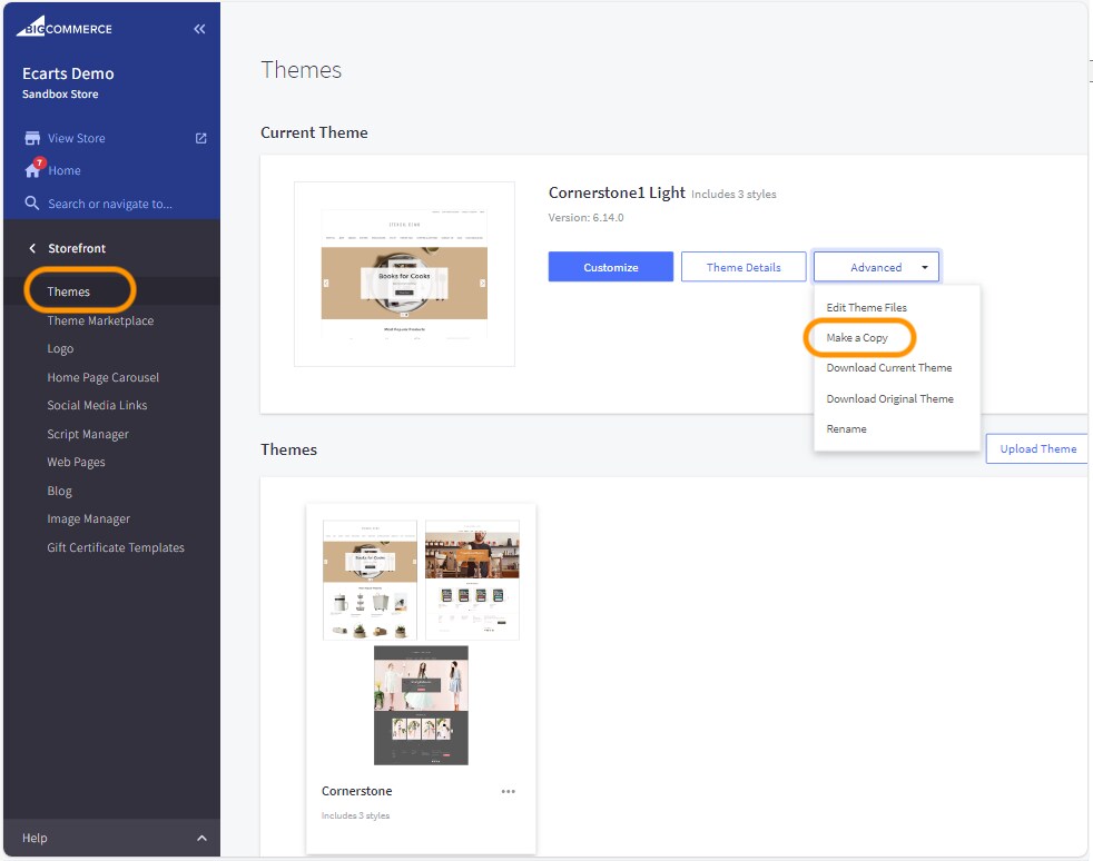 Click on Themes > Select Make a Copy from Advanced dropdown.